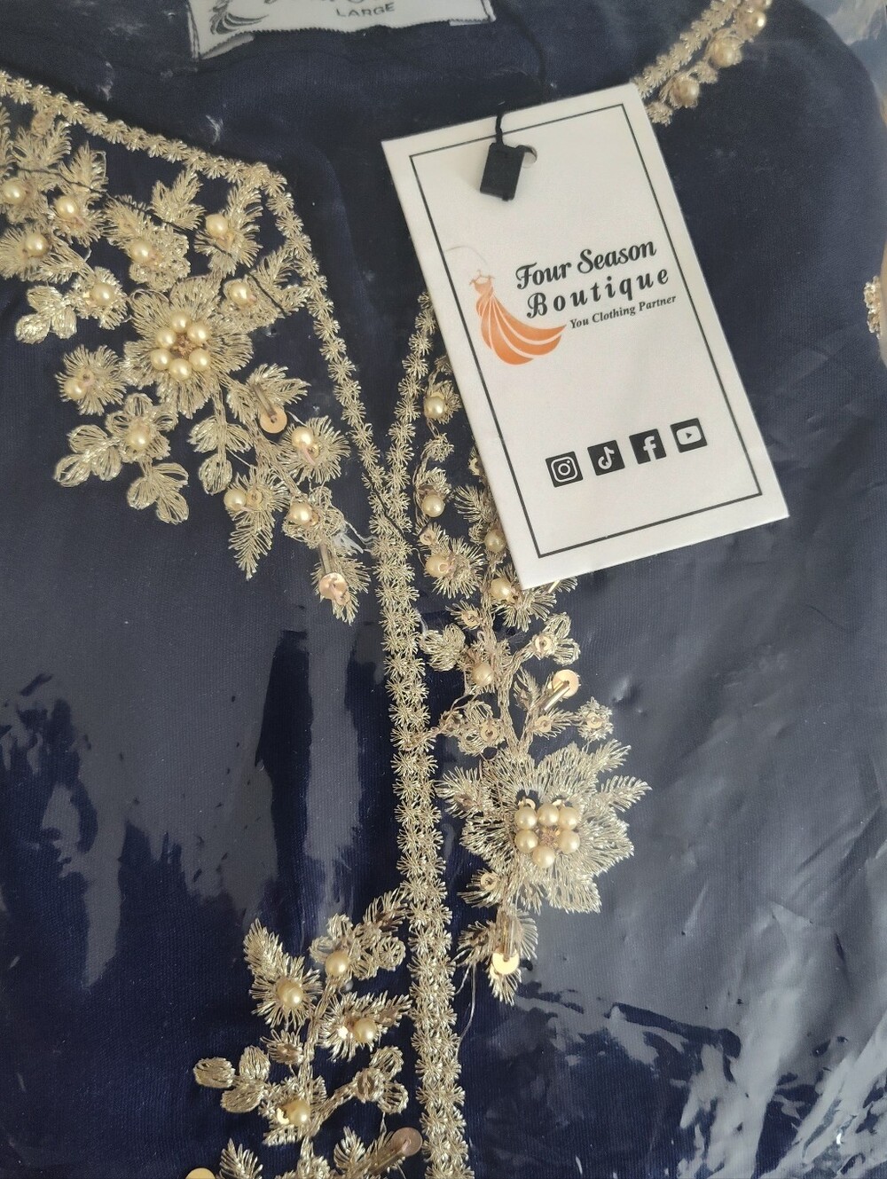 Women's Navy Blue Embroidered Wide Trouser Kameez Semi Silk (Large)